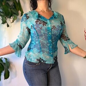Tess Studio Vintage 90s Aqua Blue Floral Silk Ruffle 3/4 Sleeve Blouse Large